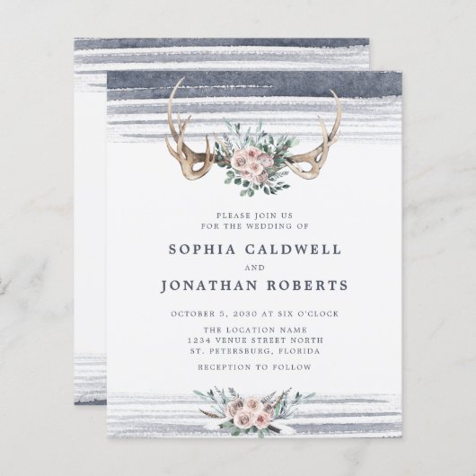 予算すべて1つのバラと〔雄ジカの〕枝角結婚式の招待 (正面/裏面)