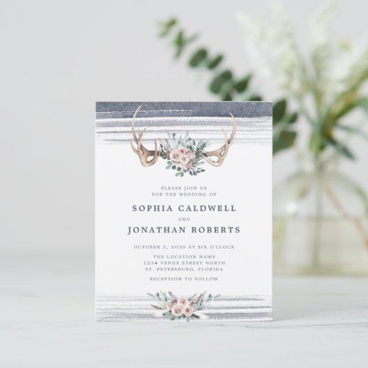 予算すべて1つのバラと〔雄ジカの〕枝角結婚式の招待 (スタンド正面)