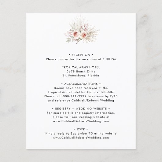 予算すべて1つのピンクのフローラ金ゴールド結婚式の招待 (裏面)