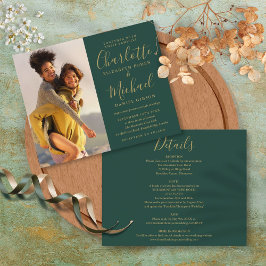 予算すべて1つの写真で緑の金ゴールド結婚式の招待