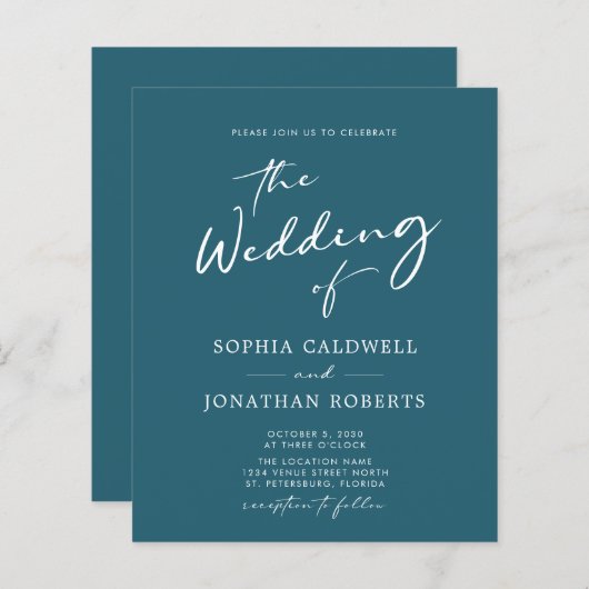 予算すべて1つの書道ティール（緑がかった色）結婚式の招待 (正面/裏面)
