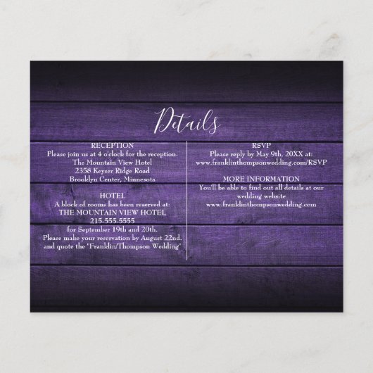 予算すべて1つの紫色の木の写真の結婚式の招待 (裏面)