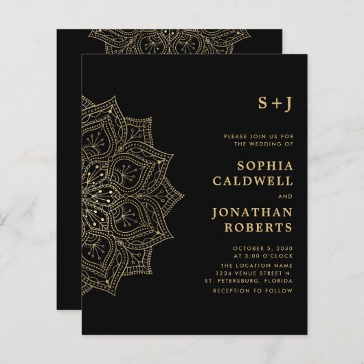 予算すべて1つの金ゴールドマンダラウェディング招待 (正面/裏面)