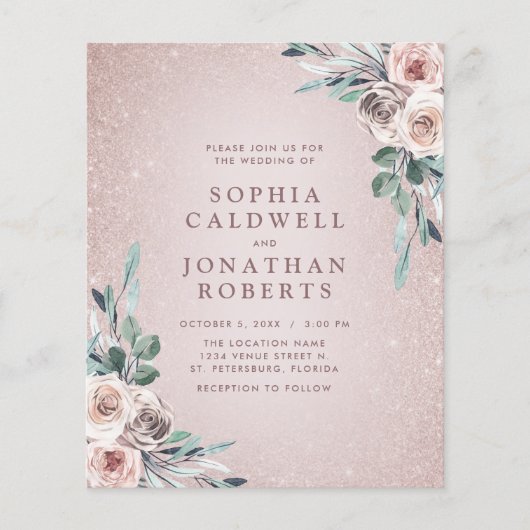 予算すべて1つのBohoピンクのバラの結婚式の招待 (正面)