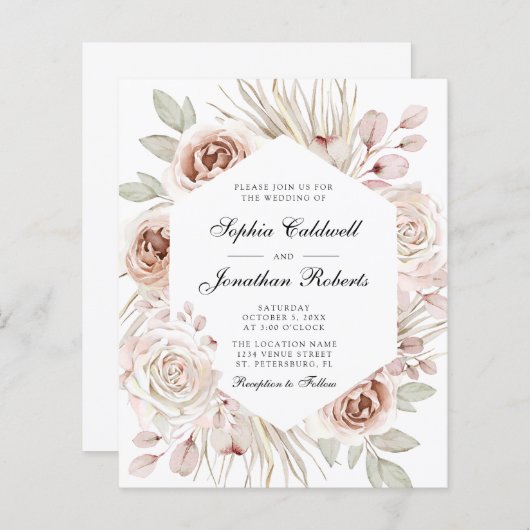 予算すべて1つのBohoピンクのバラの結婚式の招待 (正面/裏面)