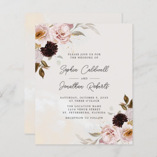 予算すべて1つのBoho赤面フローラ結婚式の招待 (正面/裏面)