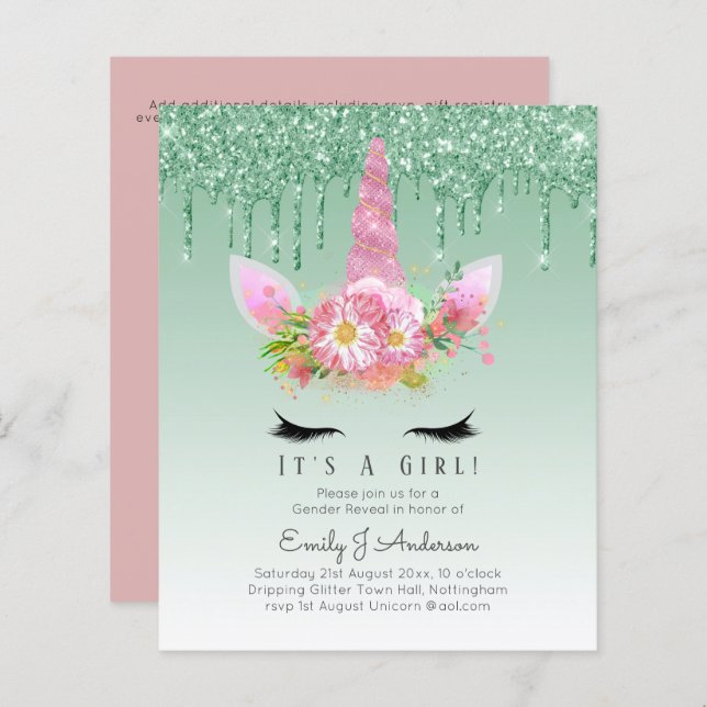 予算それは女の子のキラキラ輝くユニコーン赤ちゃんシャワーだ (正面/裏面)