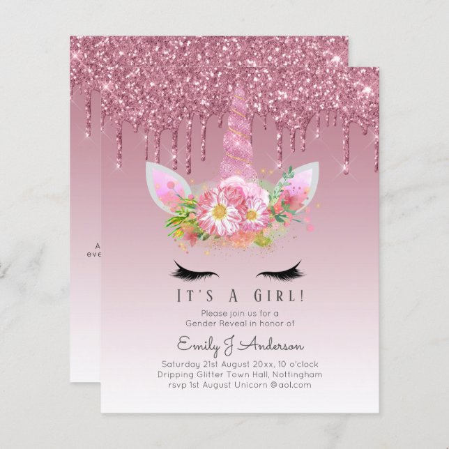 予算それは女の子のキラキラ輝くユニコーン赤ちゃんシャワーだ (正面/裏面)