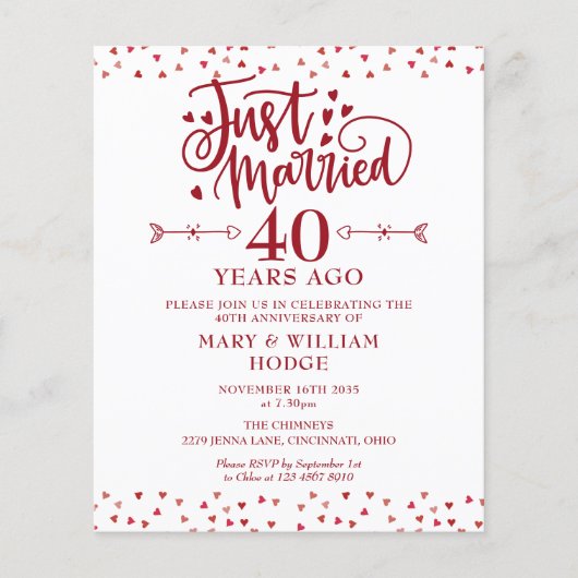 予算たった今結婚しました40周年記念招待状 (正面)