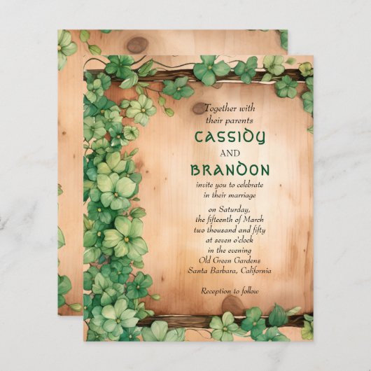 予算つる植物セントパトリックの日QR結婚式招待状 (正面/裏面)