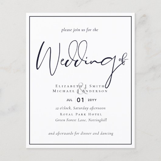 予算で済ませる フライヤー紙 ミッドナイトブルー 結婚式招待状 チラシ (正面)