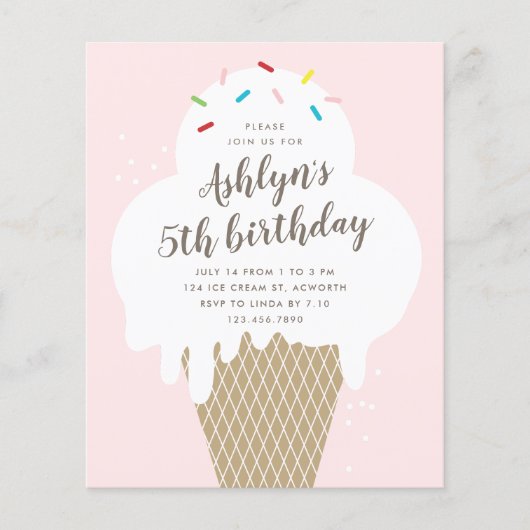 予算に優しいアイスの子供の誕生日パーティーの招待状 (正面)