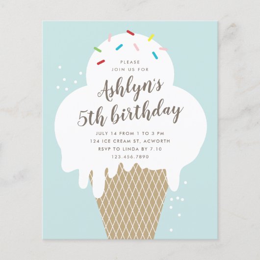 予算に優しいアイスの子供の誕生日パーティーの招待状 (正面)