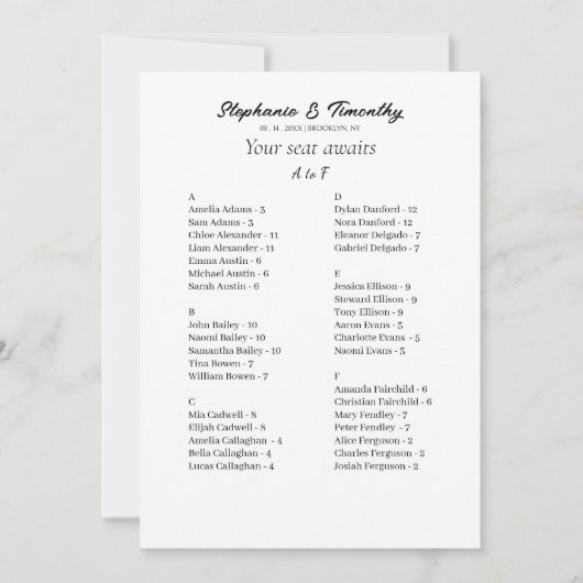 予算に優しいアルファベット順の結婚式着席チャートカード (正面)