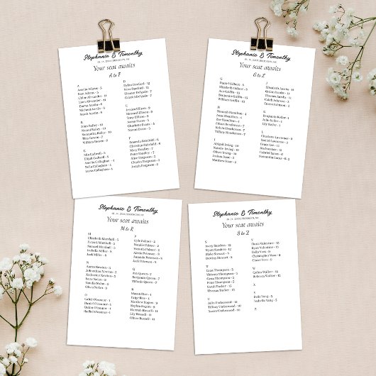 予算に優しいアルファベット順の結婚式着席チャートカード