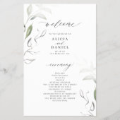 予算に優しいエレガントなグリーンの葉のウェディングプログラム チラシ (正面)