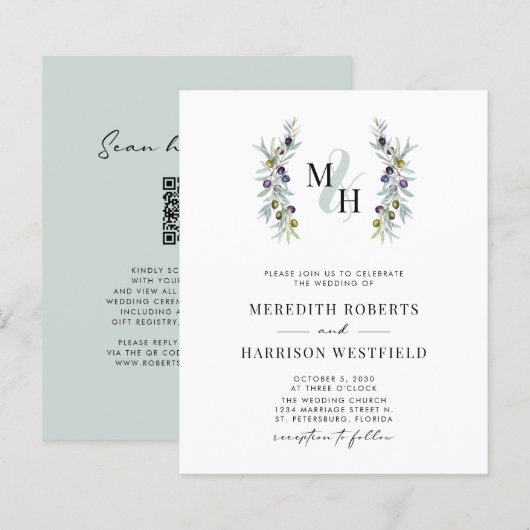 予算に優しいオリーブの枝のモノグラムの結婚式招待状 (正面/裏面)