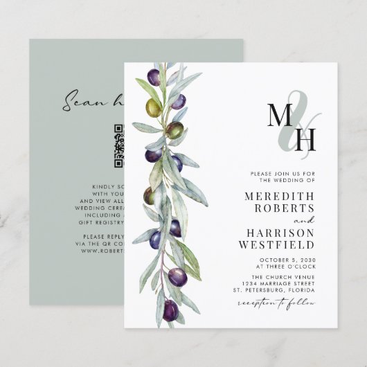 予算に優しいオリーブの枝のモノグラム結婚式招待状 (正面/裏面)