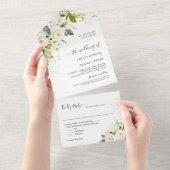 予算に優しいグリーンとアイボリーの白金色の花の結婚式 オールインワン招待状 (貼ってはがせる)