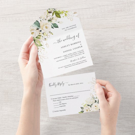 予算に優しいグリーンとアイボリーの白金色の花の結婚式 オールインワン招待状 (貼ってはがせる)
