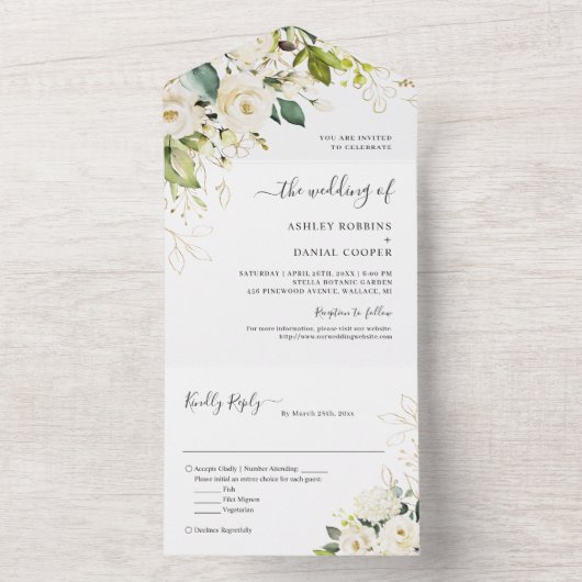 予算に優しいグリーンとアイボリーの白金色の花の結婚式 オールインワン招待状 (内側)