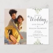 予算に優しいグリーンを使ったスクリプトの結婚式写真招待状 (正面)