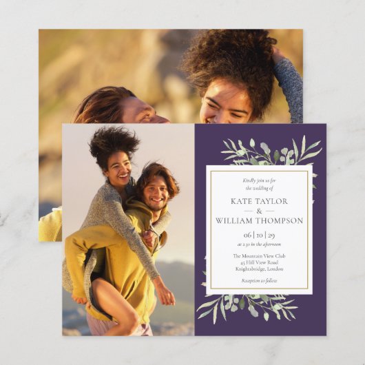 予算に優しいグリーン パープル フォト ウェディング招待状 (正面/裏面)
