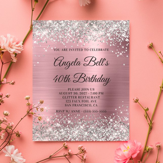 予算に優しいシルバーグリッターピンクの40歳の誕生日招待状 (Budget Silver Glitter Pink 40th Birthday Invite)