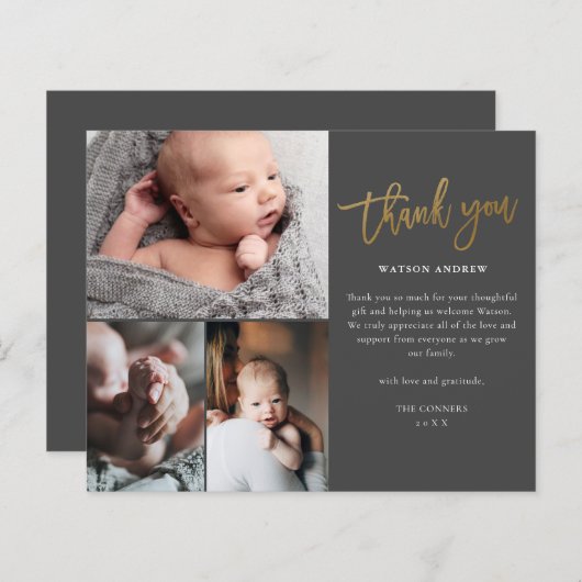 予算に優しいスクリプト3フォトベイビー感謝カード (正面/裏面)