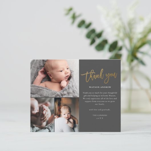 予算に優しいスクリプト3フォトベイビー感謝カード (スタンド正面)