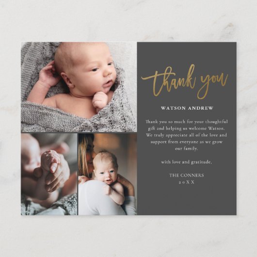 予算に優しいスクリプト3フォトベイビー感謝カード (正面)