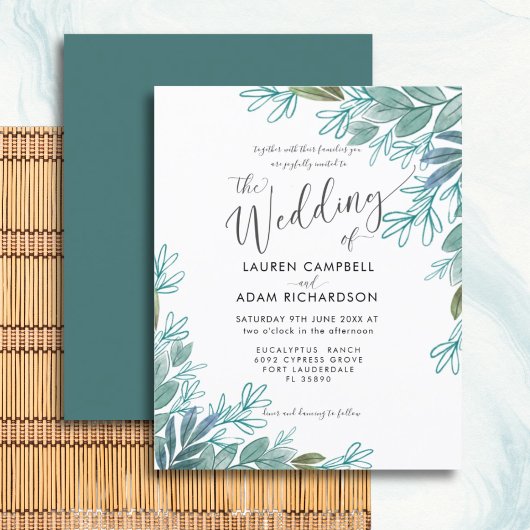 予算に優しいセージグリーンの葉っぱの結婚式招待状