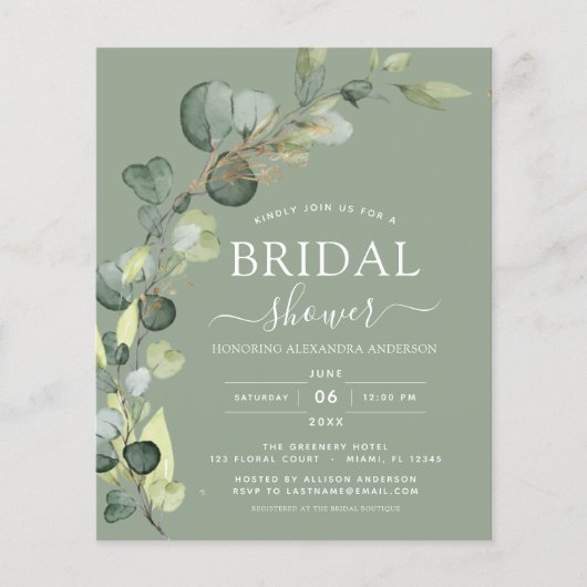 予算に優しいセージグリーンのQRコード付きブライダルシャワー ユーカリ (正面)