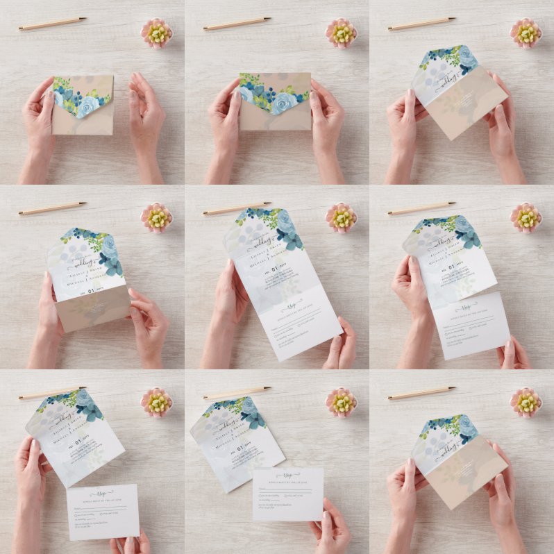 予算に優しいダスティーブルーの花柄ウェディングドレス オールインワン招待状