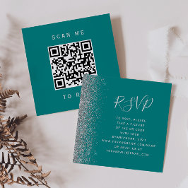 予算に優しいティールシルバーグリッター結婚式QRコードRSVP エンクロージャーカード