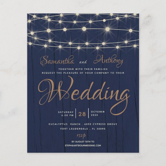 予算に優しいネイビーのストリングライト付き結婚式招待状 RSVP (正面)