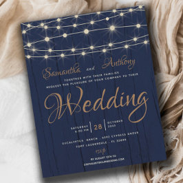 予算に優しいネイビーのストリングライト付き結婚式招待状 RSVP