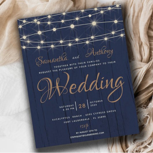 予算に優しいネイビーのストリングライト付き結婚式招待状 RSVP
