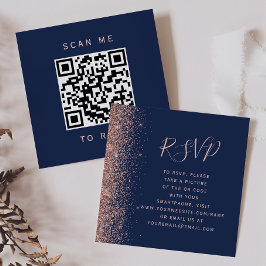 予算に優しいネイビーローズゴールドラメ 結婚式QRコードRSVP エンクロージャーカード