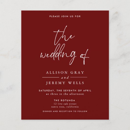 予算に優しいバーガンディの結婚式招待状 チラシ (正面)