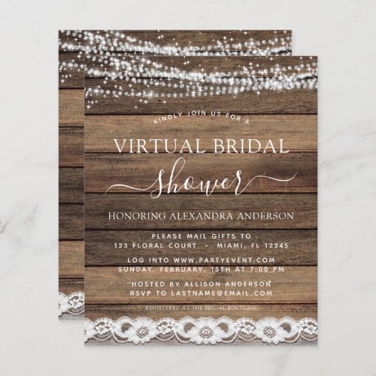 予算に優しいバーチャル ブライダル シャワー ラスティック ファームハウスレース (正面/裏面)