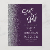 予算に優しいパープルシルバースクリプトグリッターSave the Date (正面)