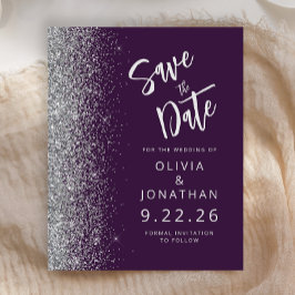 予算に優しいパープルシルバースクリプトグリッターSave the Date