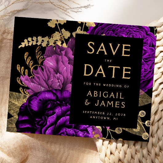 予算に優しいフラワー・パープル・ゴールド 結婚式の「Save the Date」