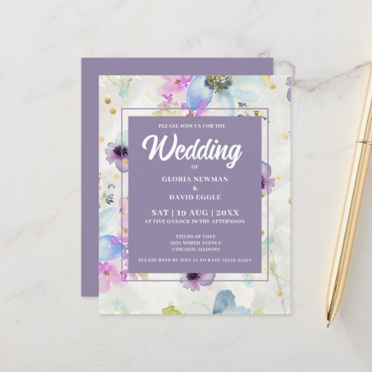 予算に優しいフローラルモードウォーターカラー結婚式招待状 (正面/裏面インサイチュ)