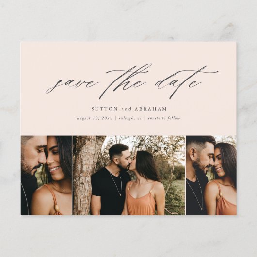 予算に優しいミニマルスクリプトの3枚の写真のSave The Date チラシ (正面)