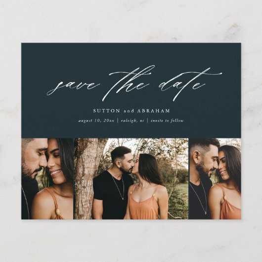 予算に優しいミニマルスクリプト3枚の写真付きSave The Date チラシ (正面)