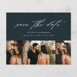 予算に優しいミニマルスクリプト3枚の写真付きSave The Date チラシ