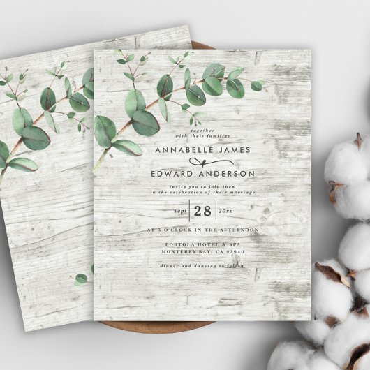 予算に優しいユーカリの白い木の結婚式招待状 チラシ