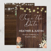 予算に優しいラスティックな手書き風のストリングライトとレースのウェディング セーブザデート (正面/裏面)